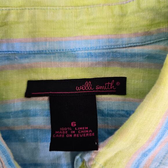 Willi Smith 100% Linen Green Blue Long Sleeve Vertical Stripe Button Down size 6 - Picture 3 of 5